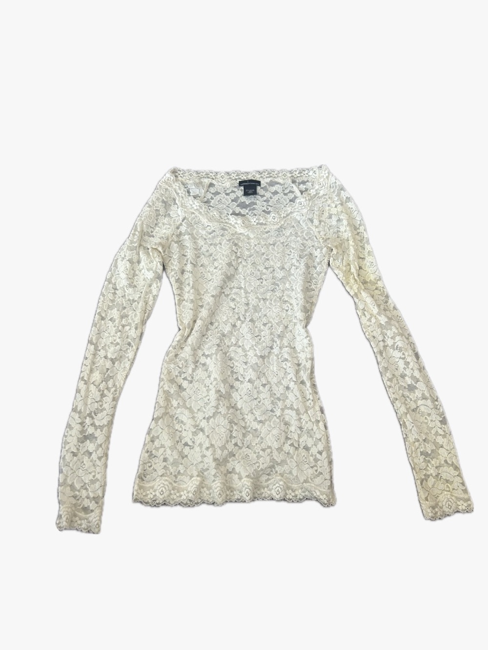 Lace Scoop-Neck Long Sleeve Top in Cream